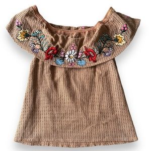 Anthropologie Judith March Vibrant Floral Embroidery Yoke Top Tan Peasant Style
